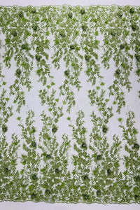 3D Flower Rhinestone Design - Sage Green - Embroidered Flower Sequins Lace Fabric By Yard